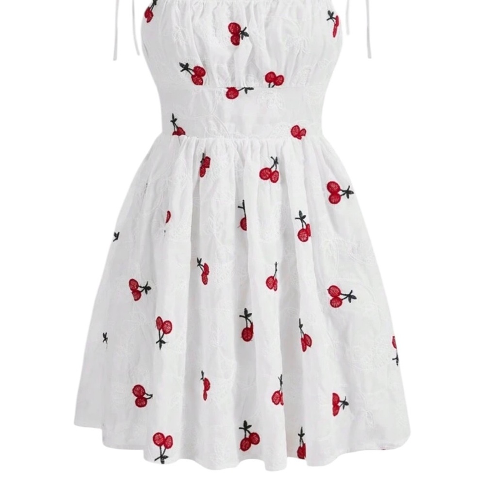 SHEIN White Dress with Red Cherry Embroidery